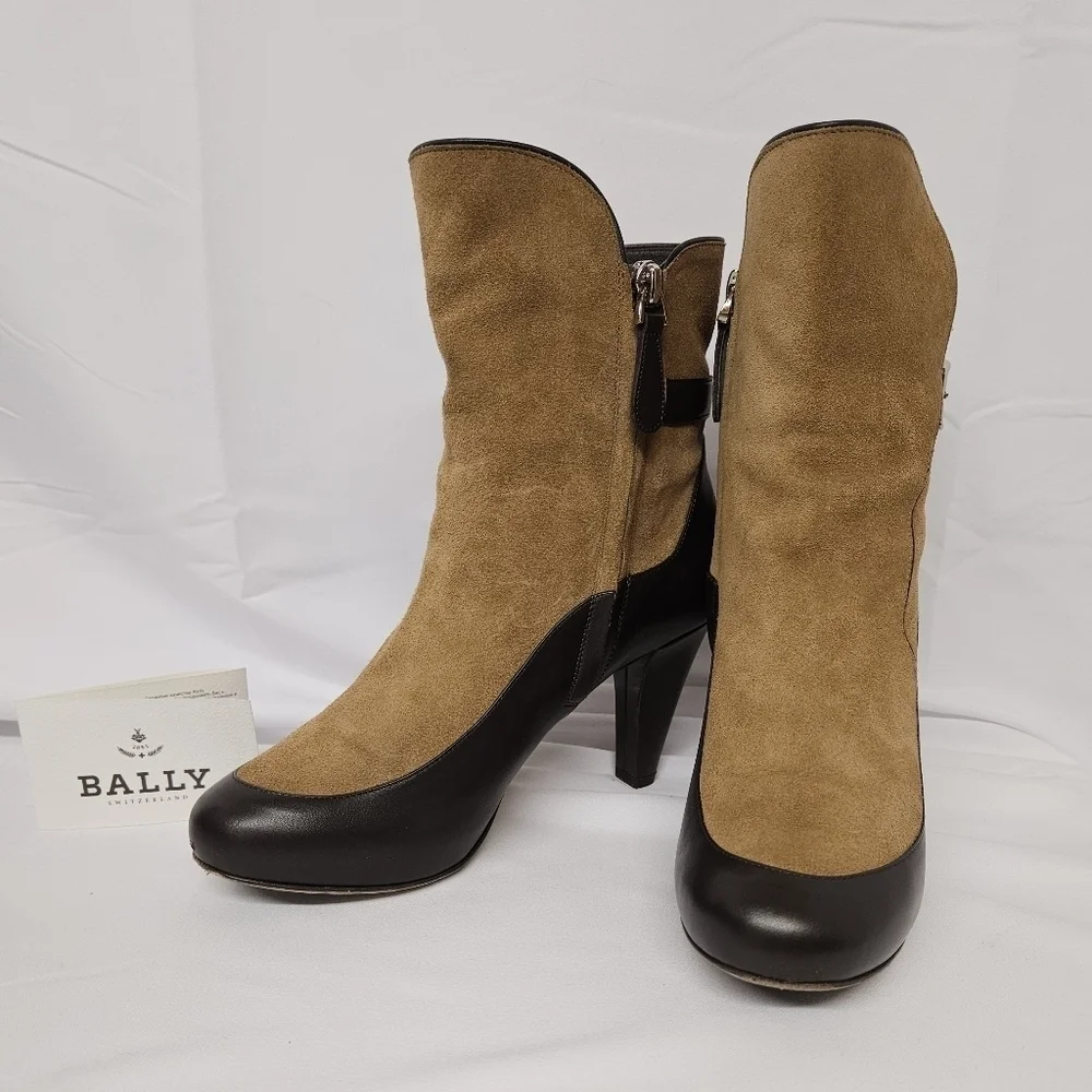 Bally Chanya Suede And Leather Heel Boots In Tan And Brown US Sz 6 EU Sz 36.5 - Picture 3 of 15